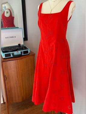 Elegant Red Eyelet Cotton Dress, Casual Summer Midi Dress, 100% cotton